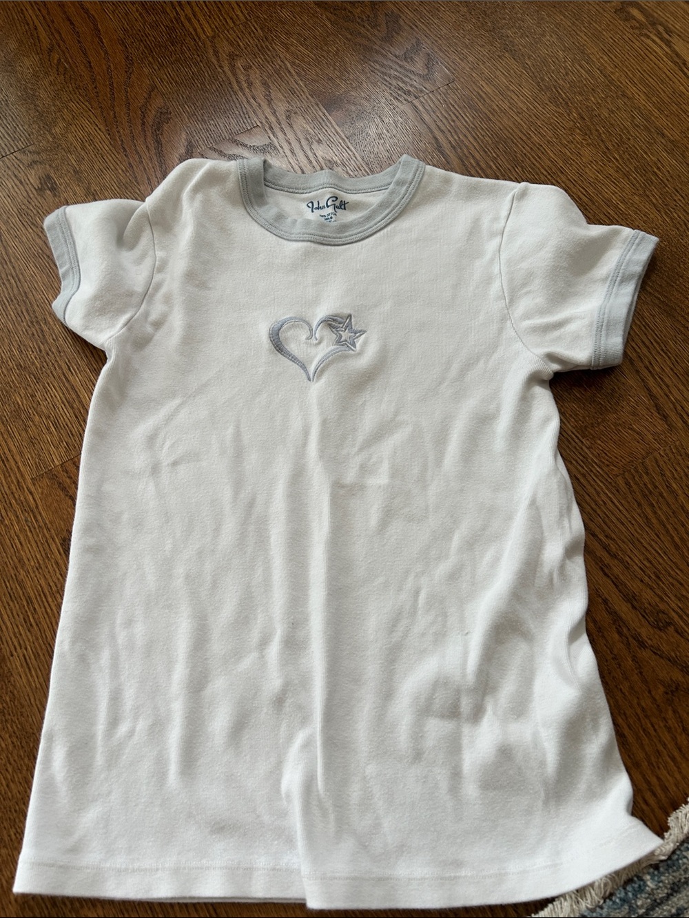Brandy Melville White Tee with Gray Trim & Heart-Star Detail